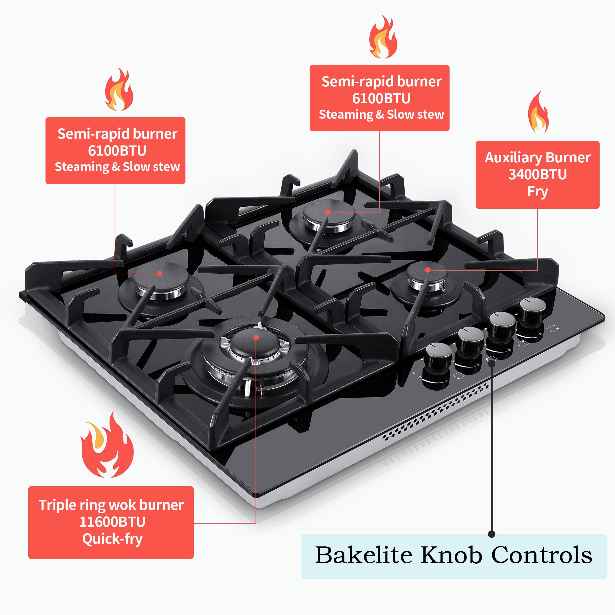 GC003-244G - 24 inch - 4 Burner Glass Gas Stove Top