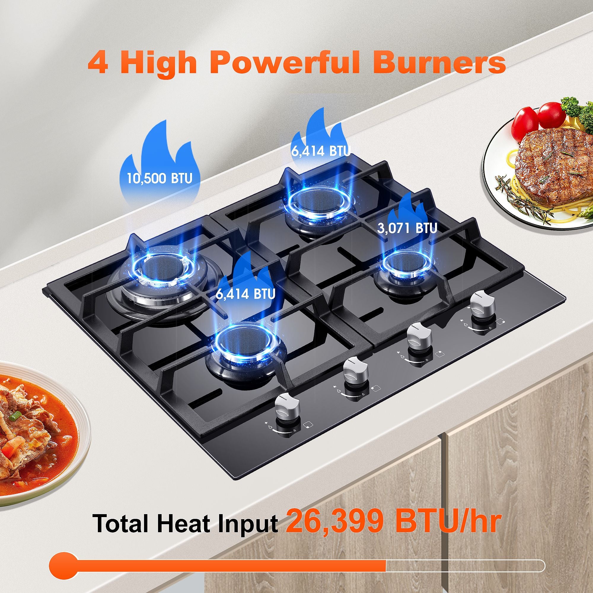 Tieasy 24 inch 4 Burner Built in Glass Gas Cooktop
