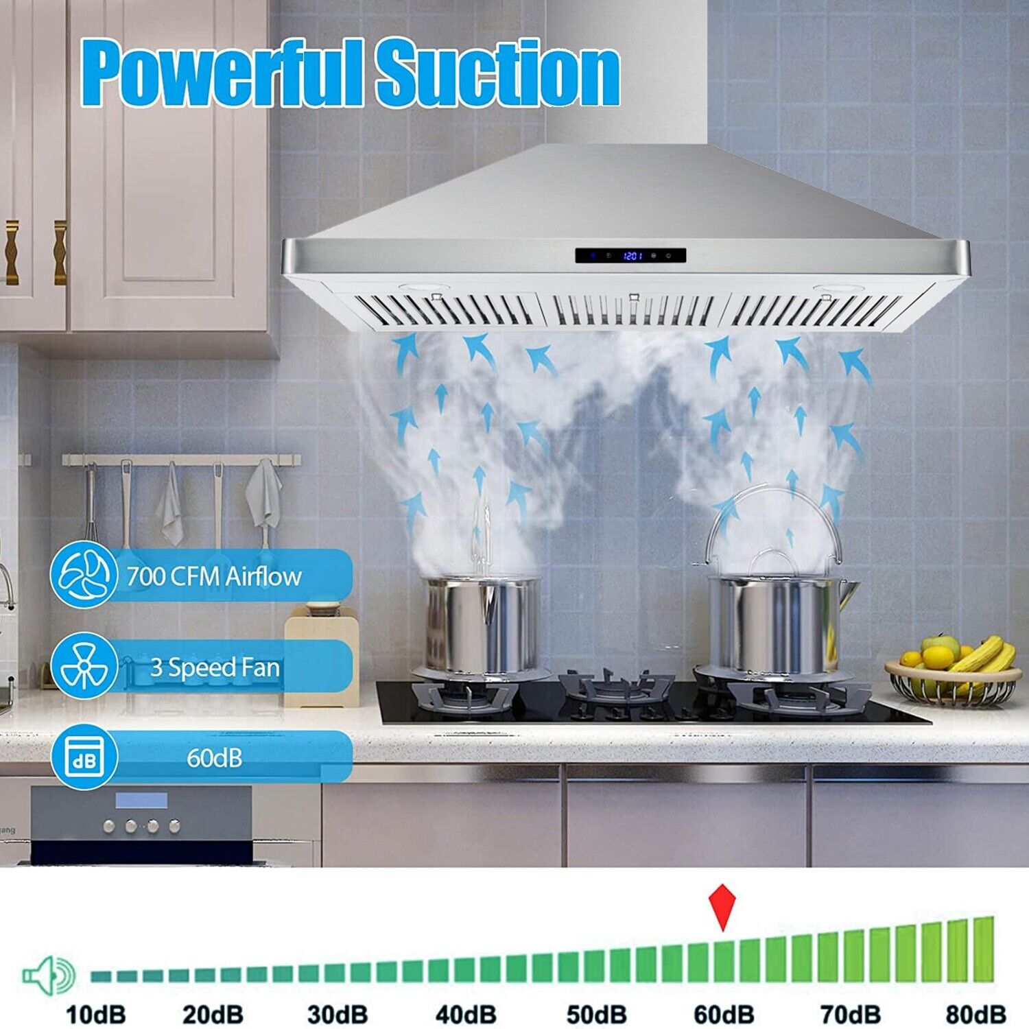 Tieasy 36in Wall Mount Hood Stainless Steel Kitchen Stove Vent 700CFM 3-Speed Fan - 1090 Range Hood USGD1090(Ducted)