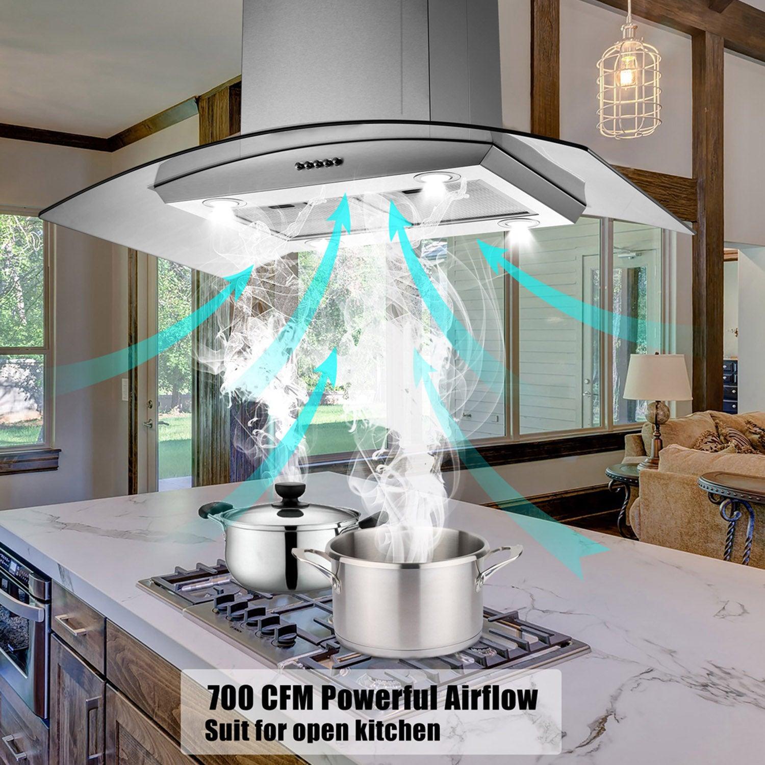 Tieasy Island Range Hood 36 inch 700 CFM Ceiling Mount Kitchen Stove Hood  Ducted with Tempered Glass 4 LED Lights Touch Control 3 Speed Fan Permanent