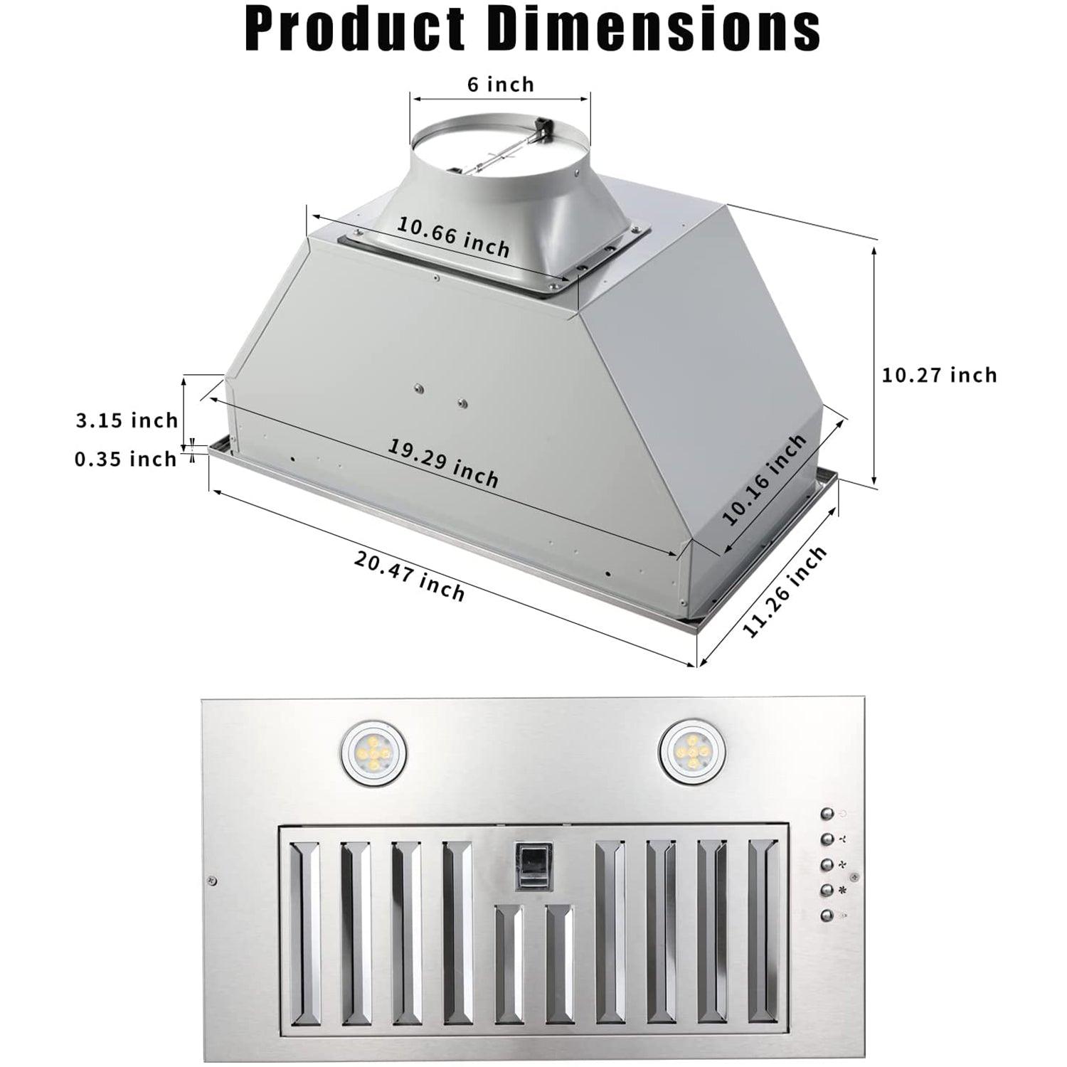 Tieasy Range Hood Insert 20 inch Built-in Range Hood Kitchen 600 CFM Over Stove Vent